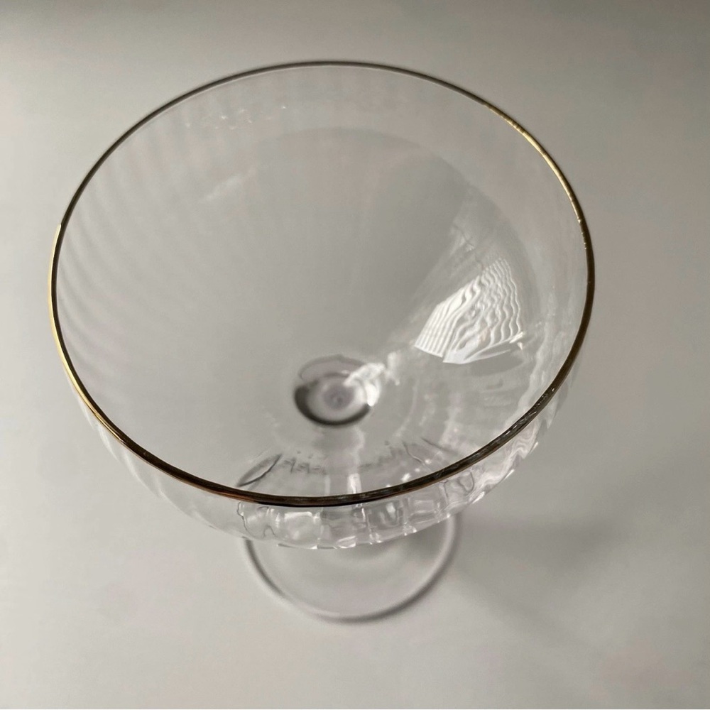 “World Market” Gold Rimmed Ribbed Coupe Glass - Picture 3 of 5